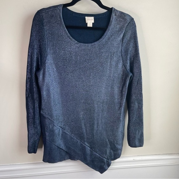 Chico’s asymmetrical blue metallic ribbed sweater size 8‎ - Picture 1 of 6